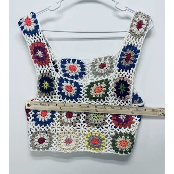 Handmade Crocheted Granny Square Cropped Hippie Tank Top Festival One Size White - Picture 6 of 7